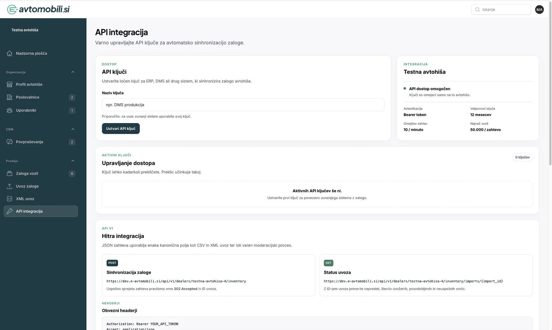 API integracija e-avtomobili.si za sinhronizacijo zaloge