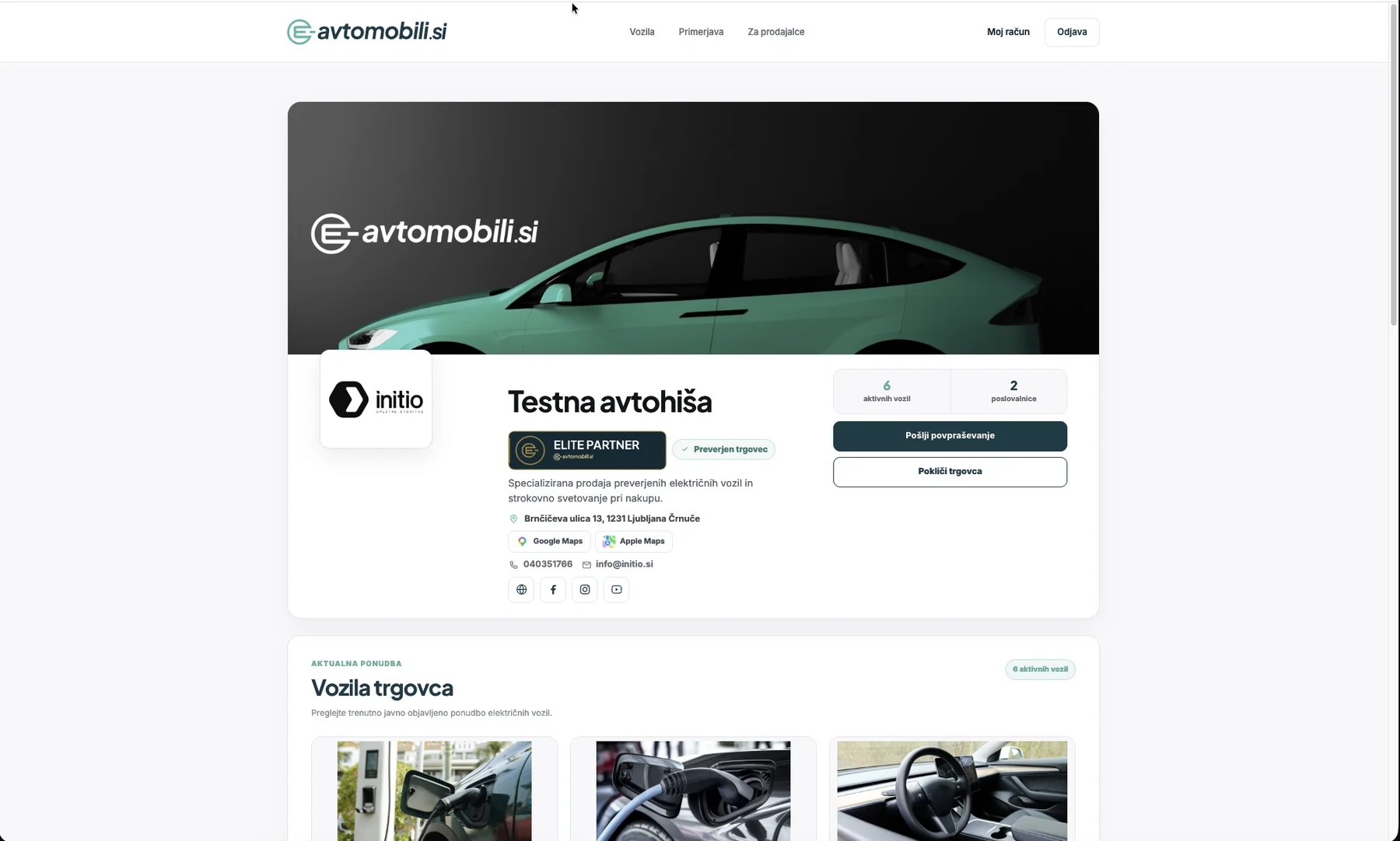 Javni profil avtohiše z coverjem, logotipom, partner badgeom in zalogo vozil